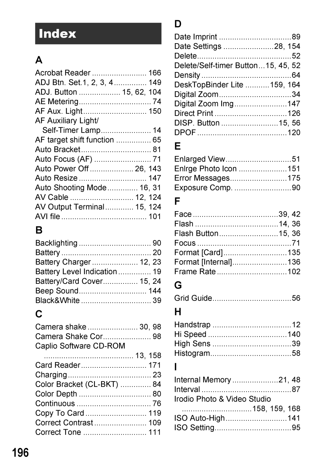 Ricoh Caplio R7 manual Index, 196 