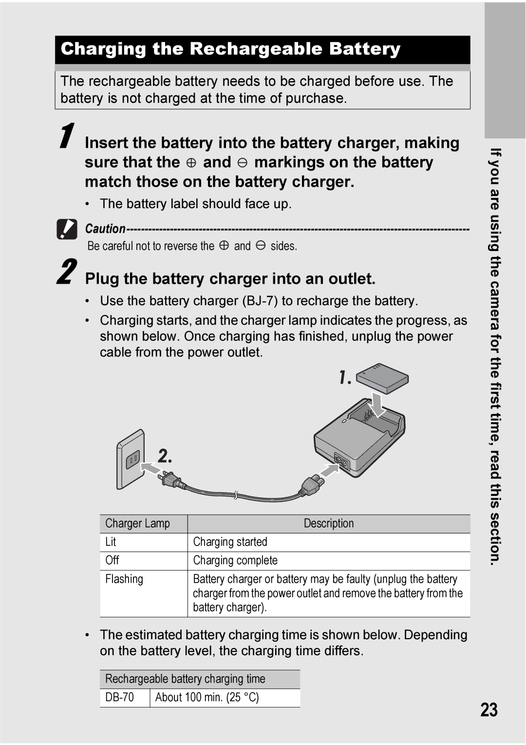 Ricoh Caplio R7 manual Charging the Rechargeable Battery, Plug the battery charger into an outlet 