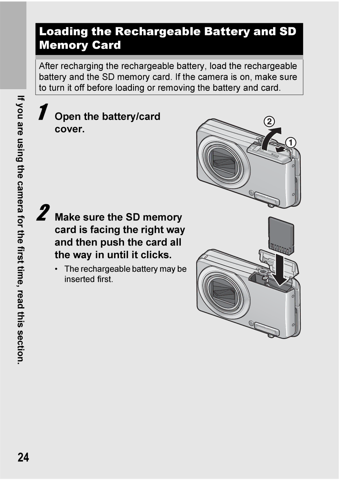 Ricoh Caplio R7 manual Loading the Rechargeable Battery and SD Memory Card 