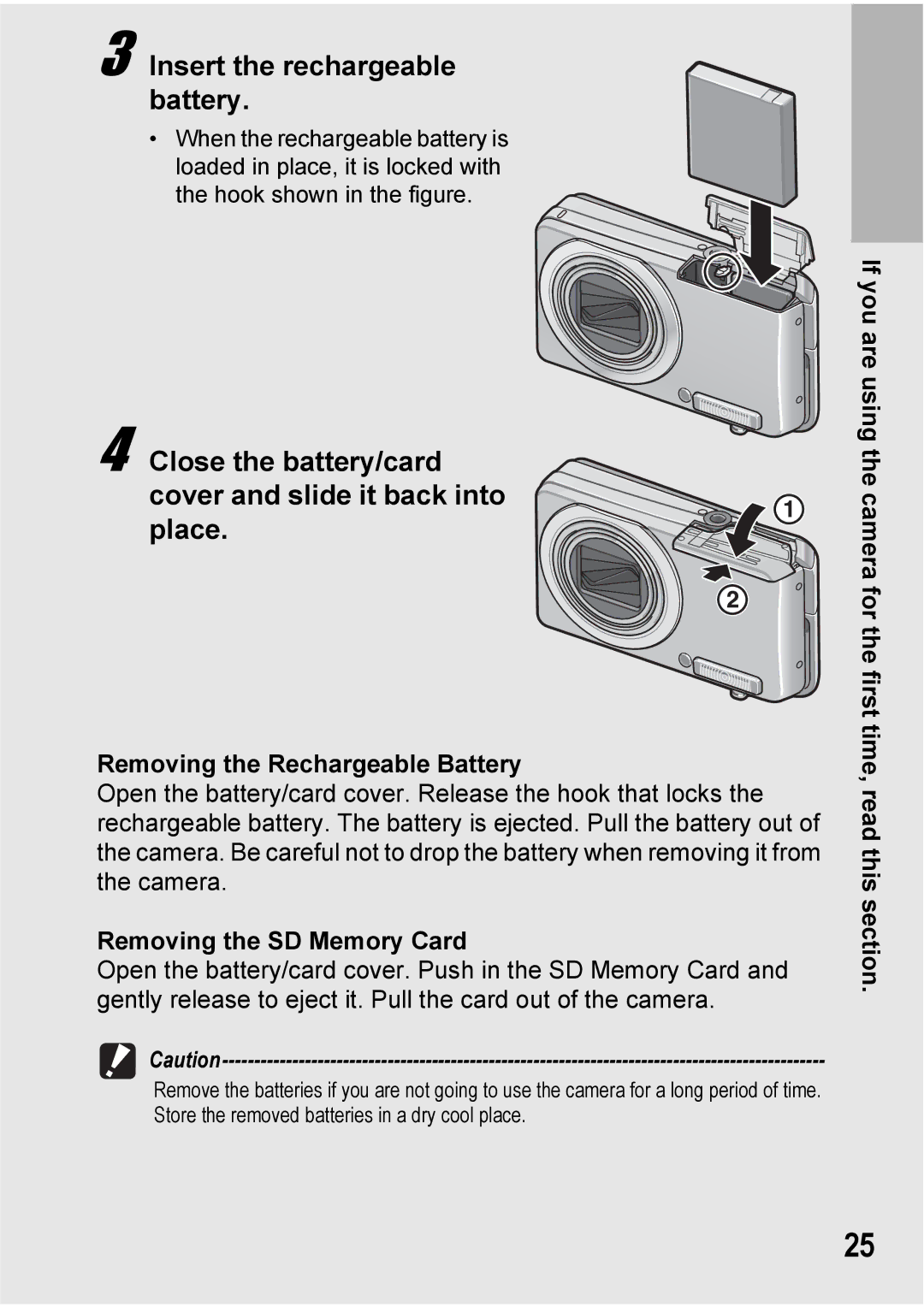 Ricoh Caplio R7 manual Insert the rechargeable battery, Close the battery/card cover and slide it back into place 