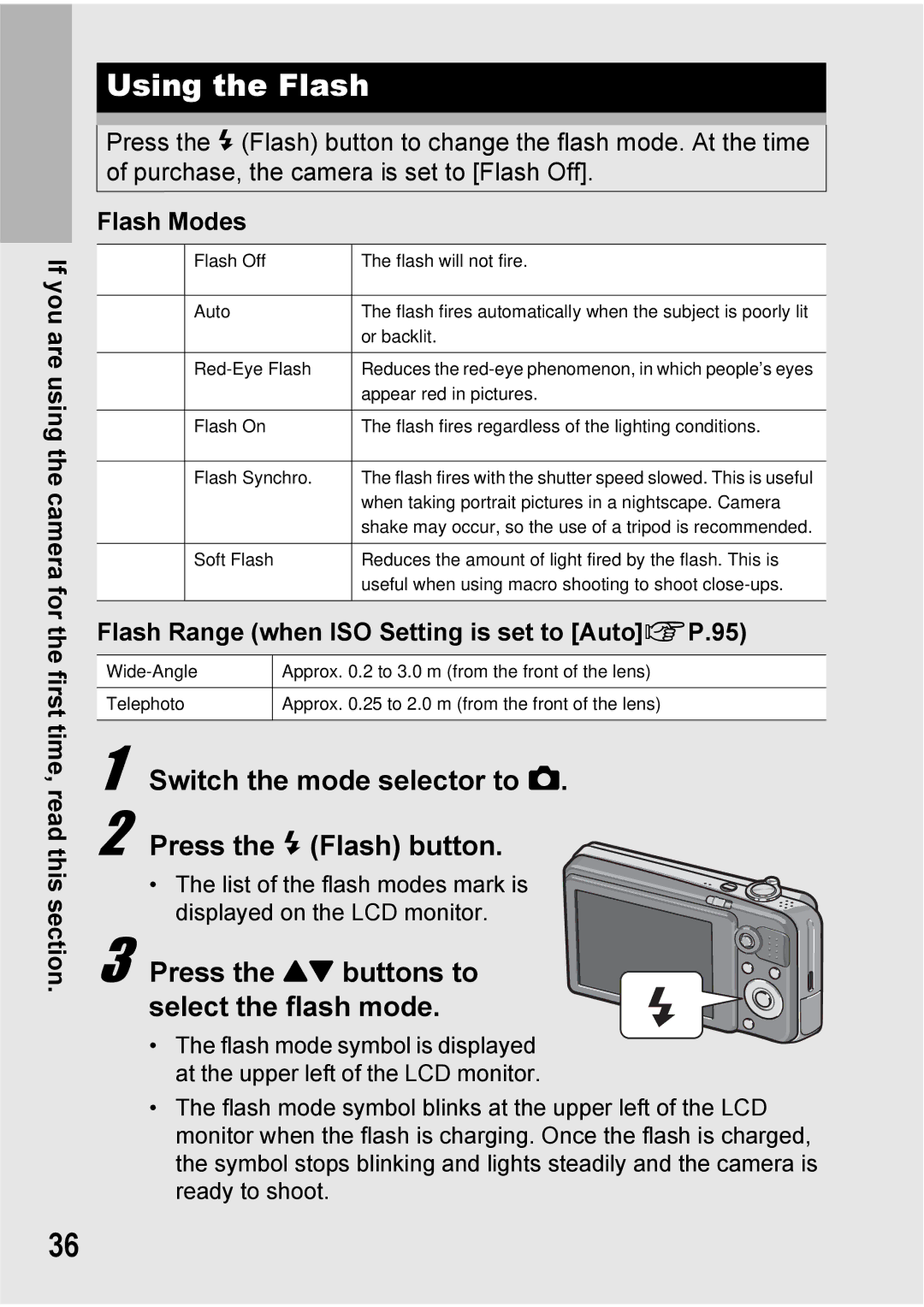 Ricoh Caplio R7 manual Using the Flash, Switch the mode selector to Press the F Flash button, Flash Modes 