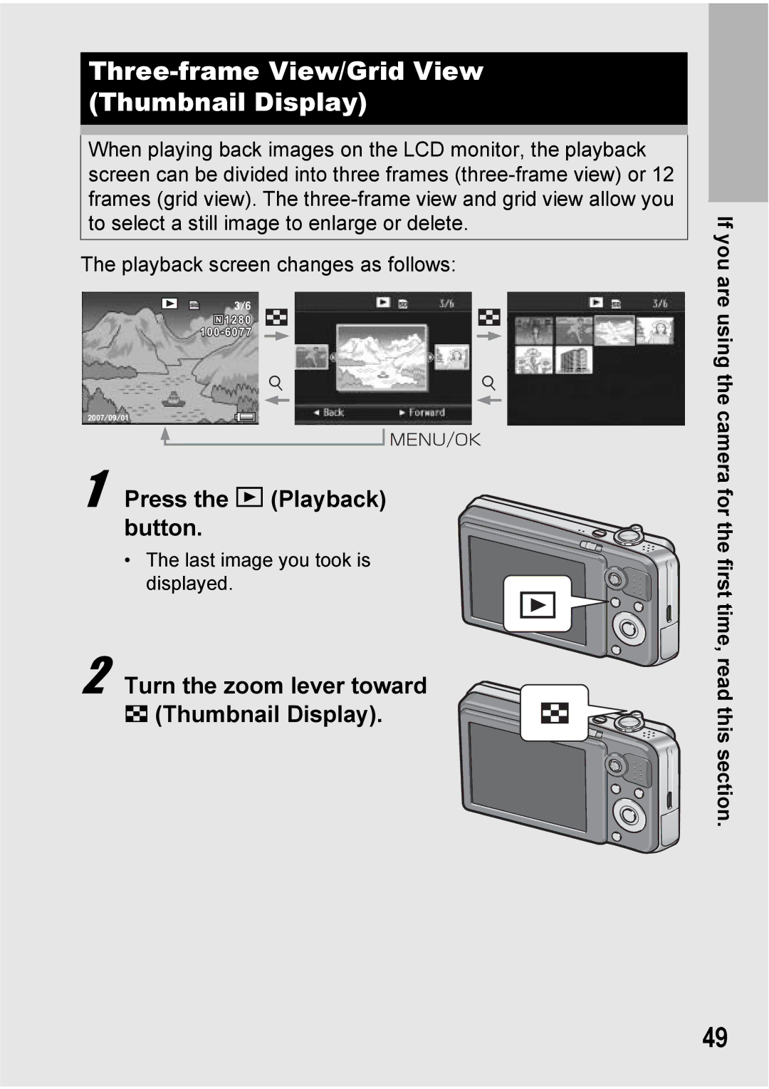 Ricoh Caplio R7 manual Three-frame View/Grid View Thumbnail Display, Turn the zoom lever toward Thumbnail Display 