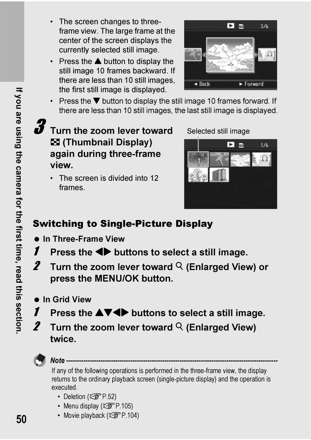 Ricoh Caplio R7 manual Switching to Single-Picture Display, Three-Frame View, Grid View 