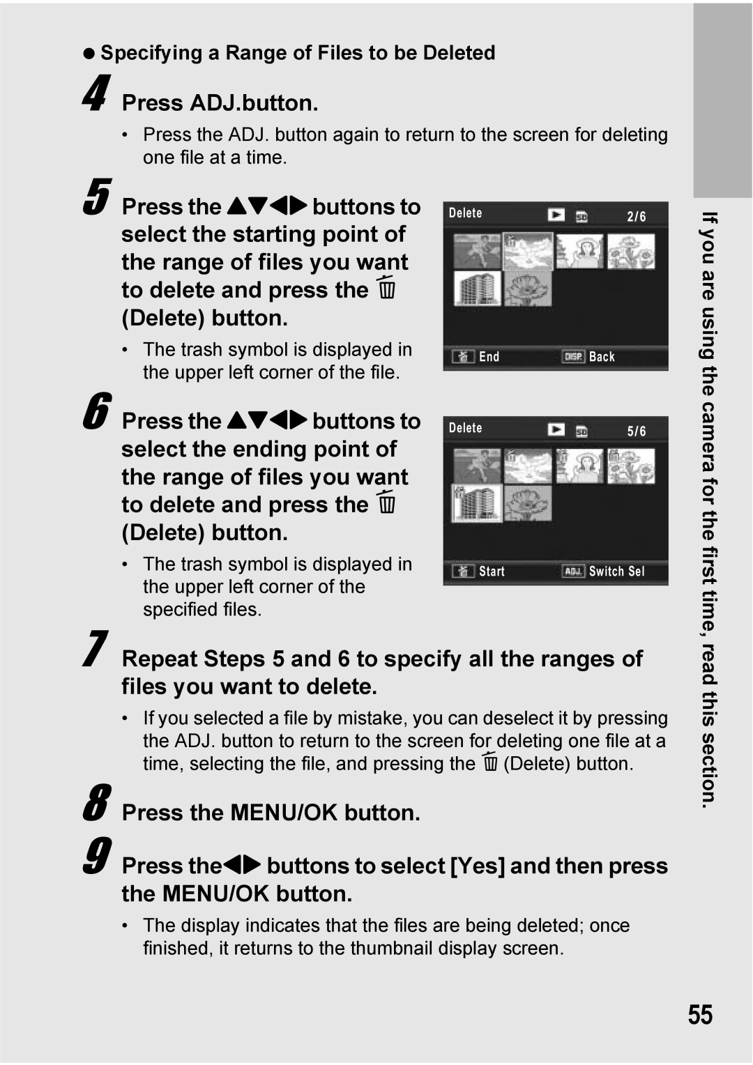 Ricoh Caplio R7 manual Press ADJ.button, Specifying a Range of Files to be Deleted, Read this section 