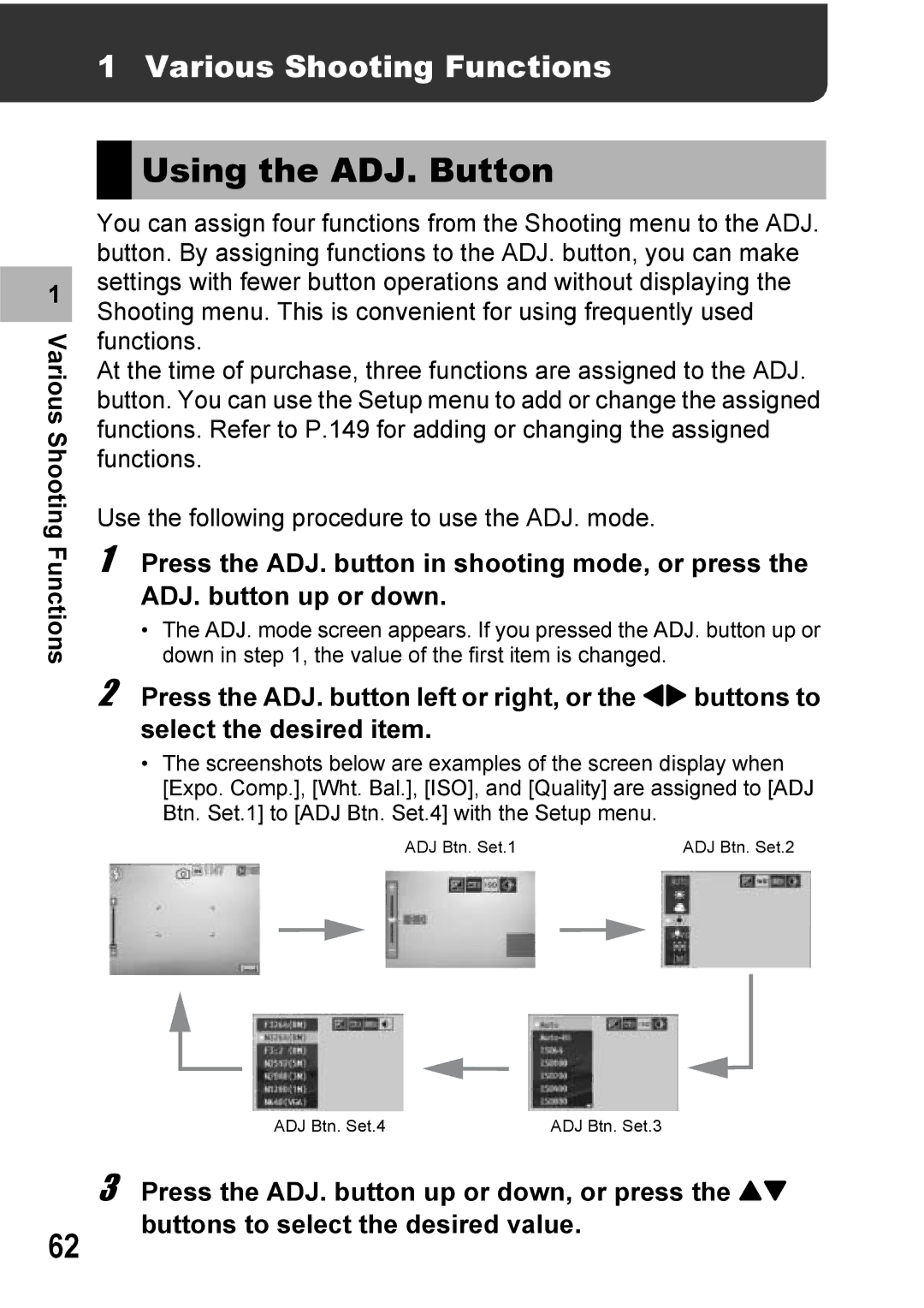 Ricoh Caplio R7 manual Using the ADJ. Button, Various Shooting Functions 