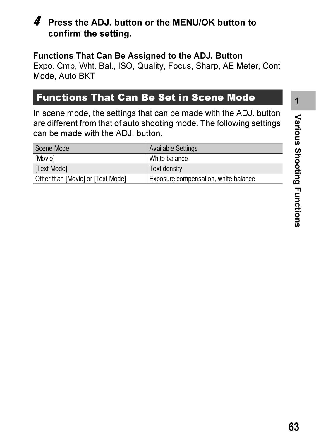 Ricoh Caplio R7 manual Functions That Can Be Set in Scene Mode, Functions That Can Be Assigned to the ADJ. Button 
