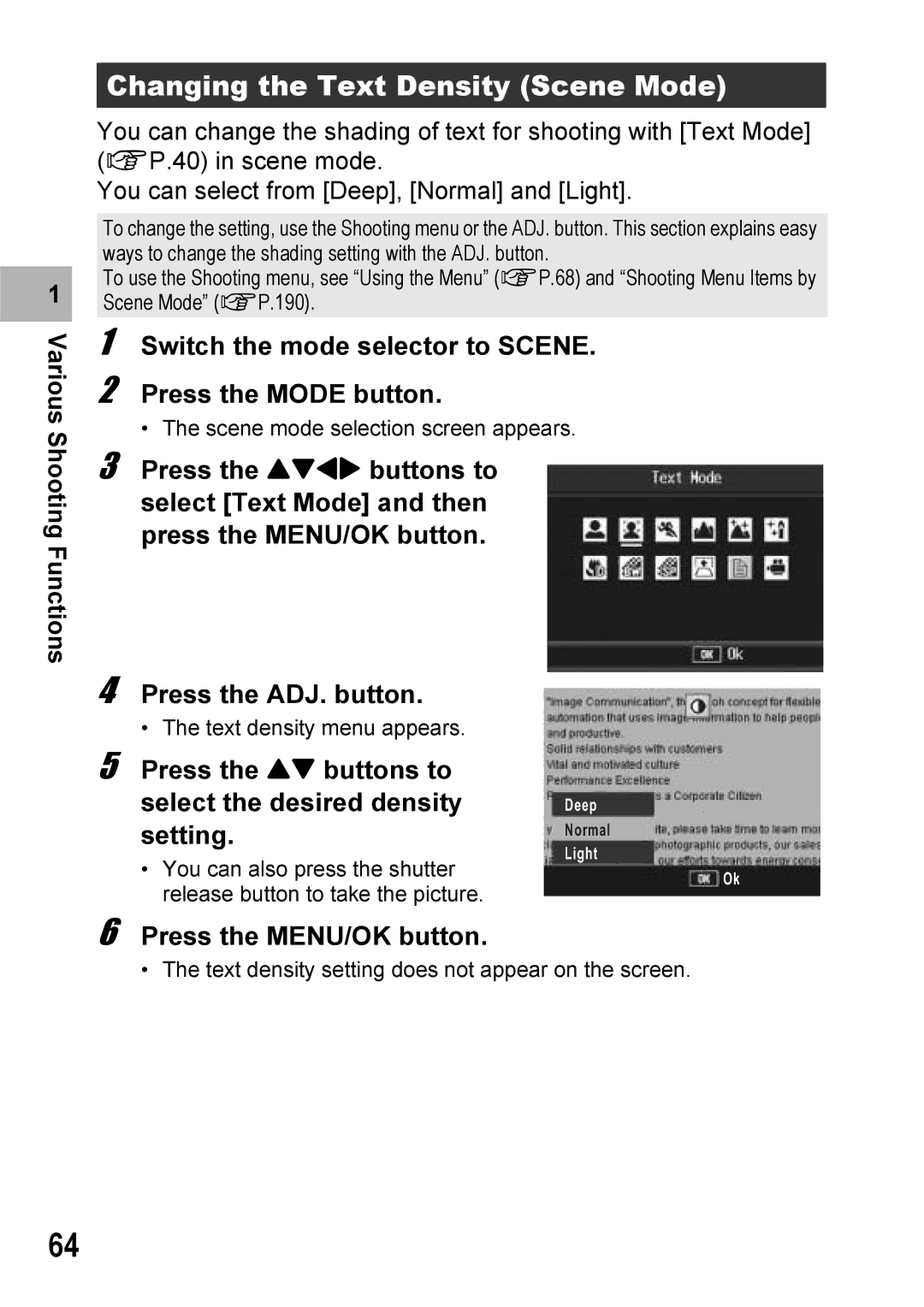 Ricoh Caplio R7 manual Changing the Text Density Scene Mode, Switch the mode selector to Scene Press the Mode button 