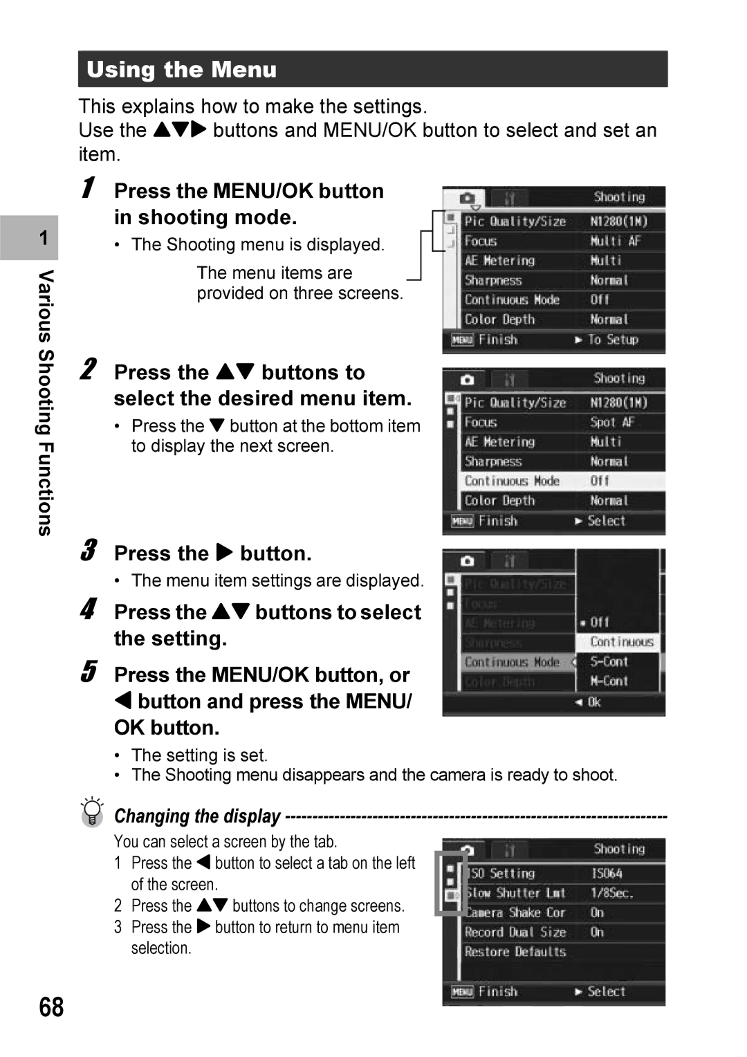 Ricoh Caplio R7 manual Using the Menu, Press the MENU/OK button in shooting mode, Press the $ button 