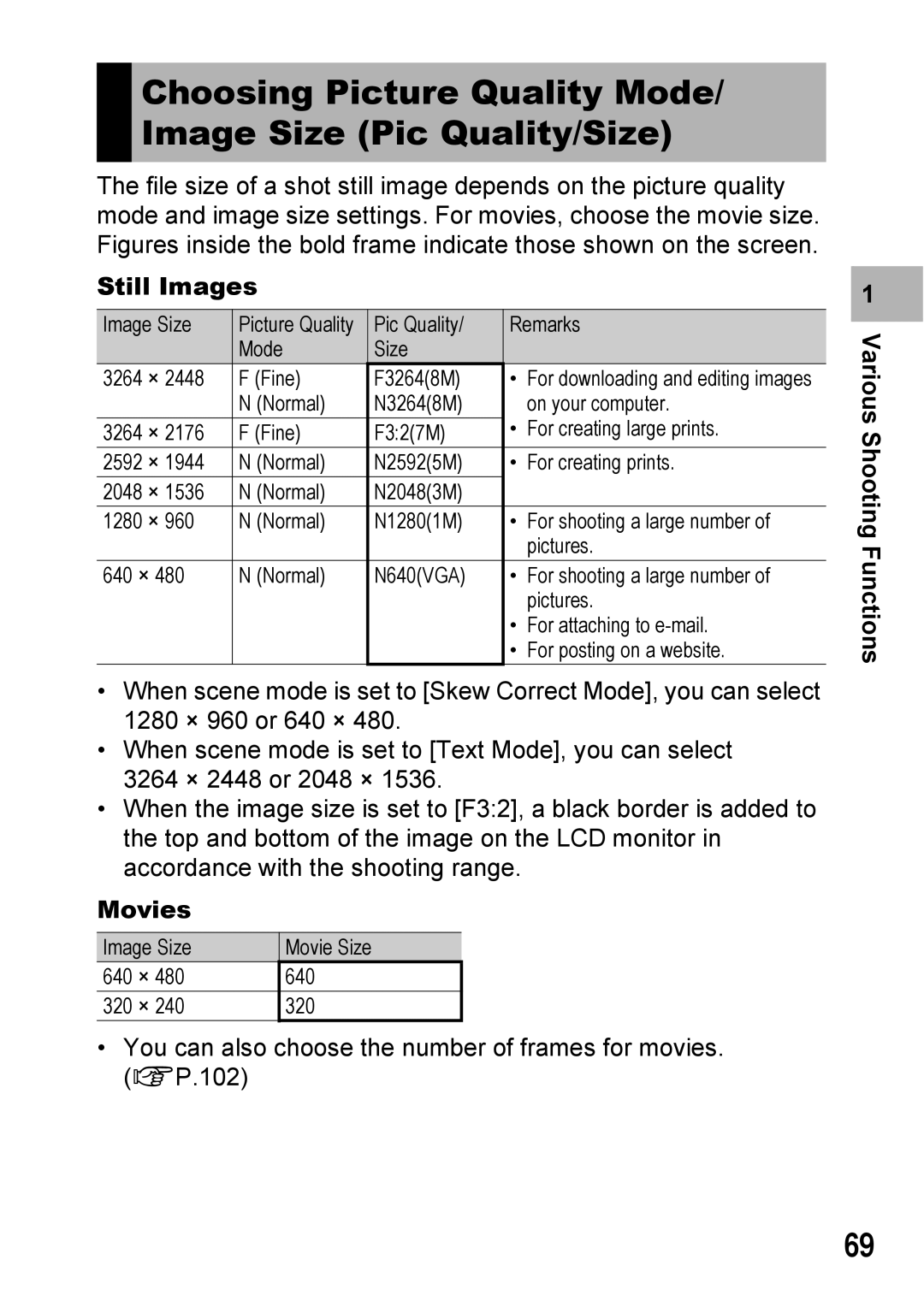 Ricoh Caplio R7 manual Choosing Picture Quality Mode/ Image Size Pic Quality/Size, Still Images, Movies 