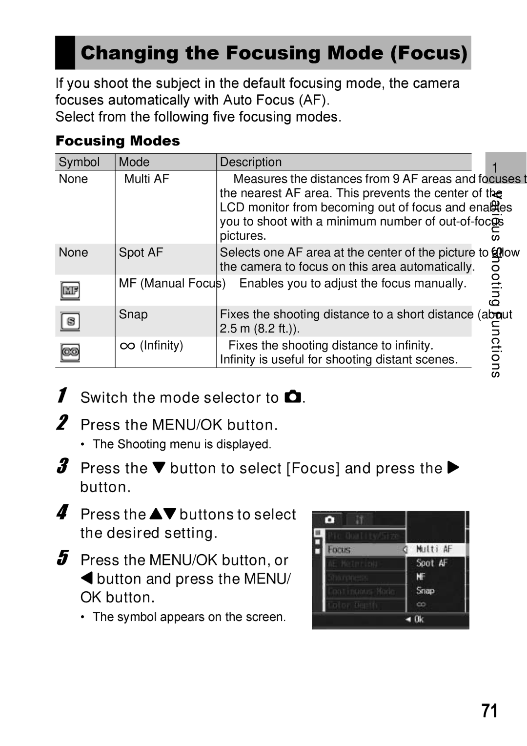 Ricoh Caplio R7 manual Changing the Focusing Mode Focus, Focusing Modes 