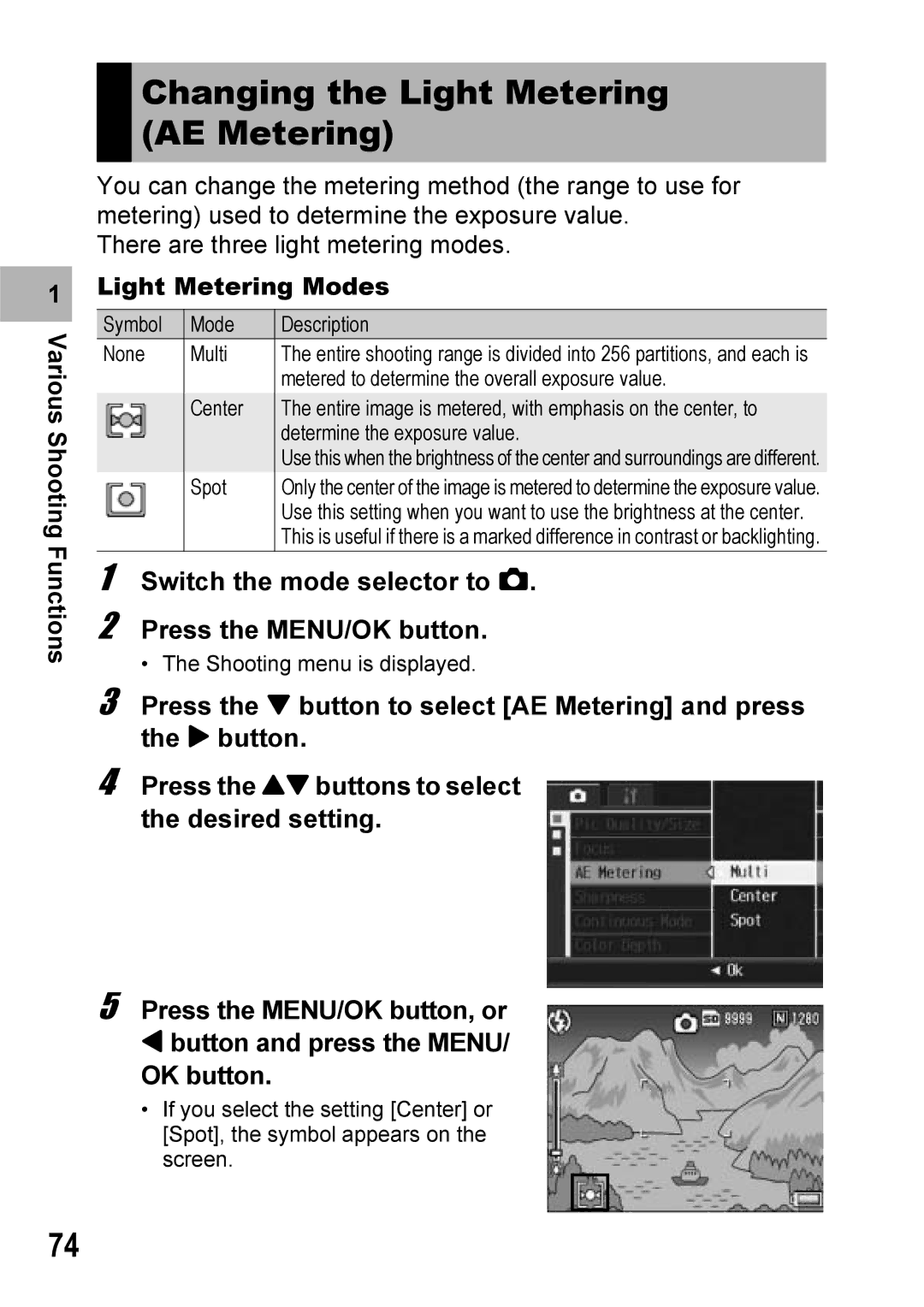 Ricoh Caplio R7 manual Changing the Light Metering AE Metering, Light Metering Modes 