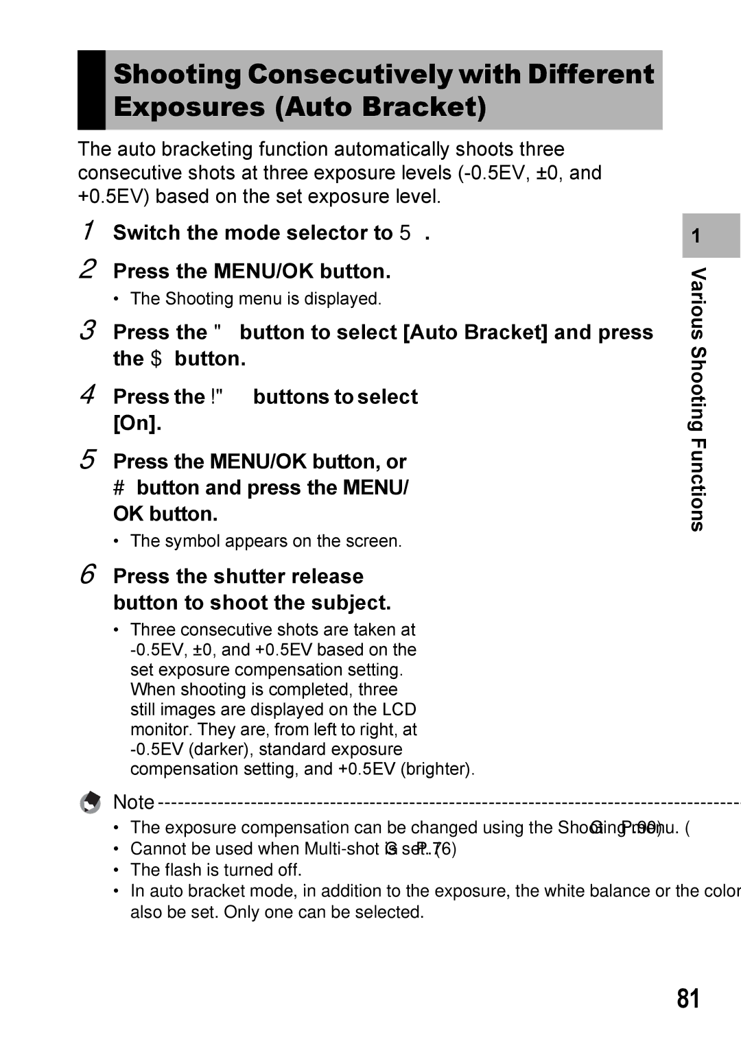 Ricoh Caplio R7 manual Shooting Consecutively with Different Exposures Auto Bracket 