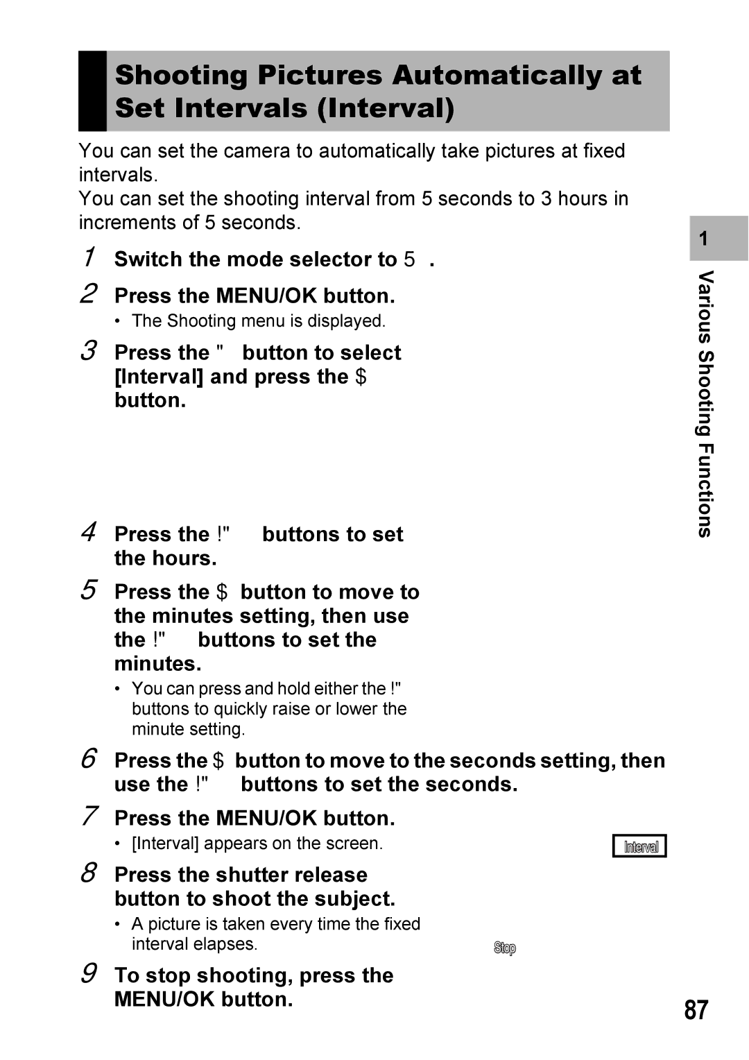 Ricoh Caplio R7 manual Shooting Pictures Automatically at Set Intervals Interval, Use the ! buttons to set the seconds 