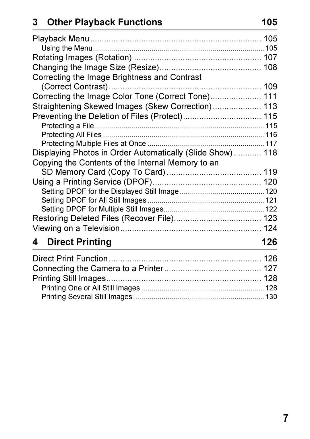 Ricoh Caplio R7 manual Other Playback Functions 105, Direct Printing 126 