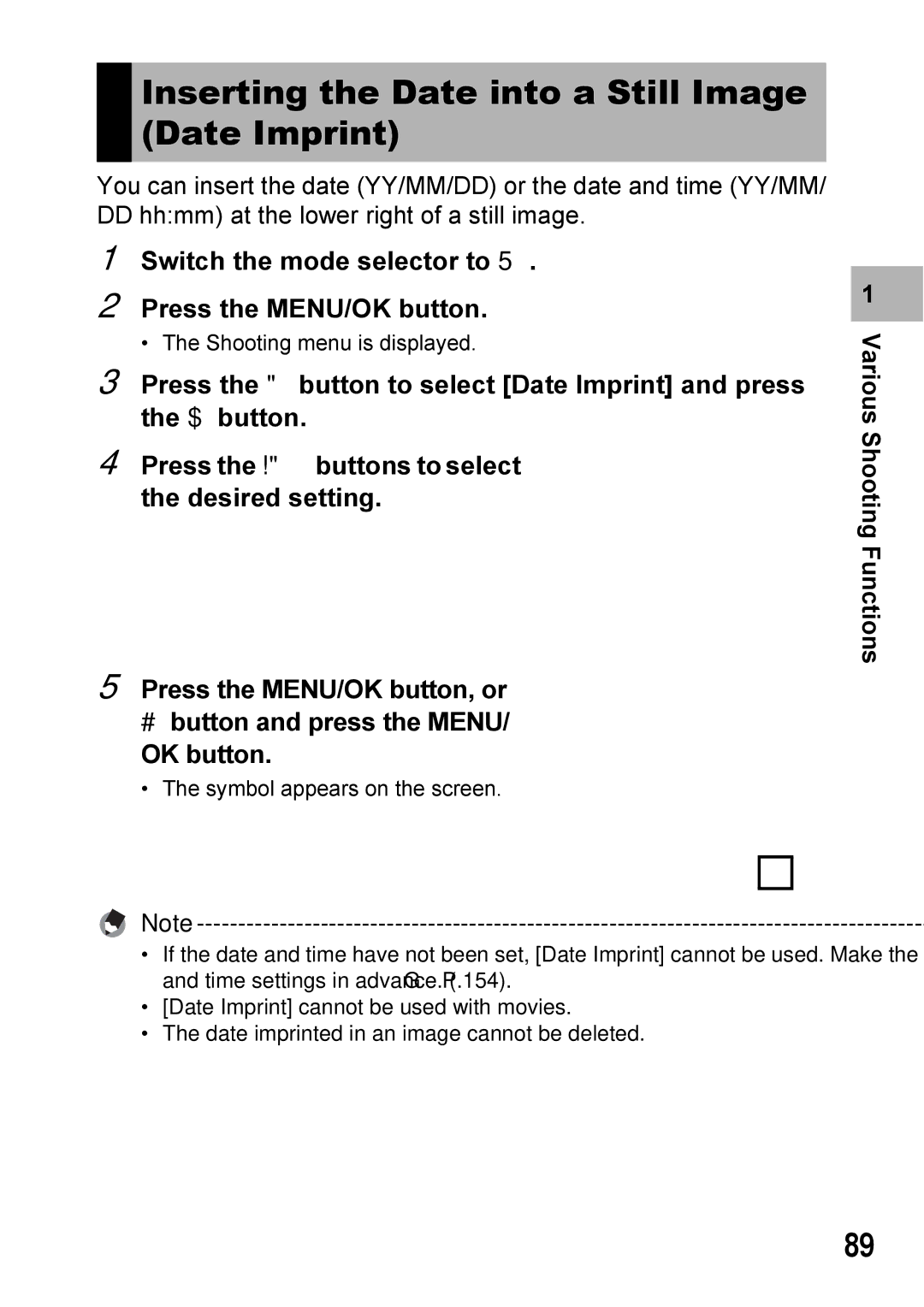 Ricoh Caplio R7 manual Inserting the Date into a Still Image Date Imprint 