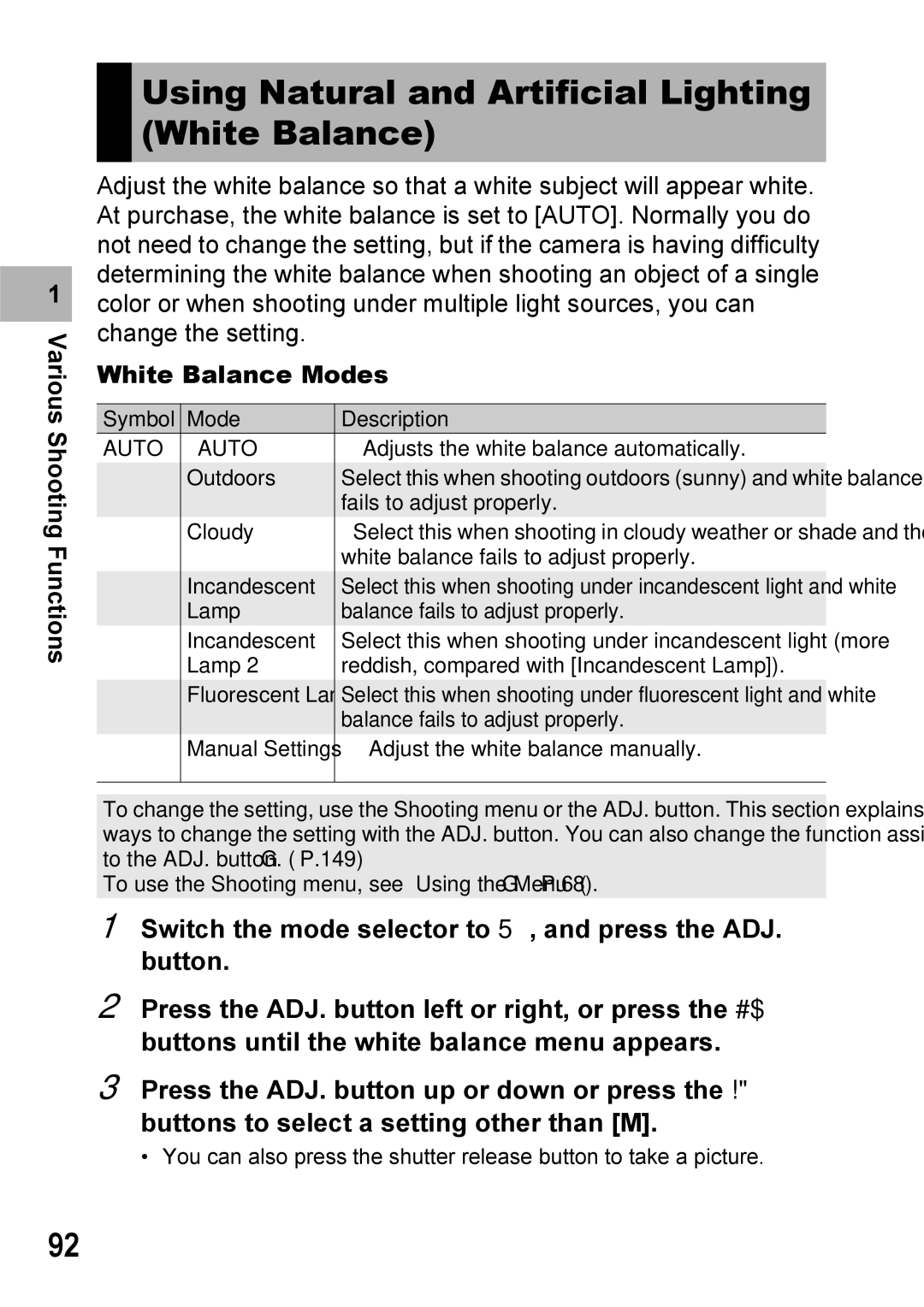 Ricoh Caplio R7 manual Using Natural and Artificial Lighting White Balance, White Balance Modes 