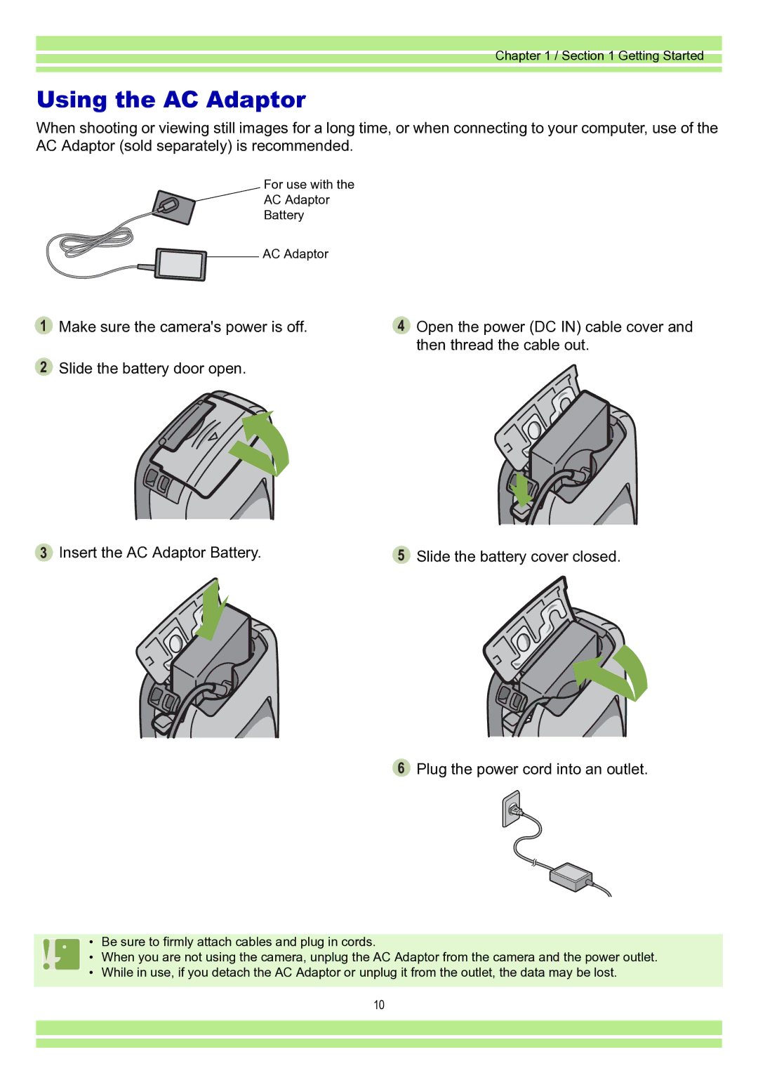 Ricoh Caplio RR30 operation manual Using the AC Adaptor 