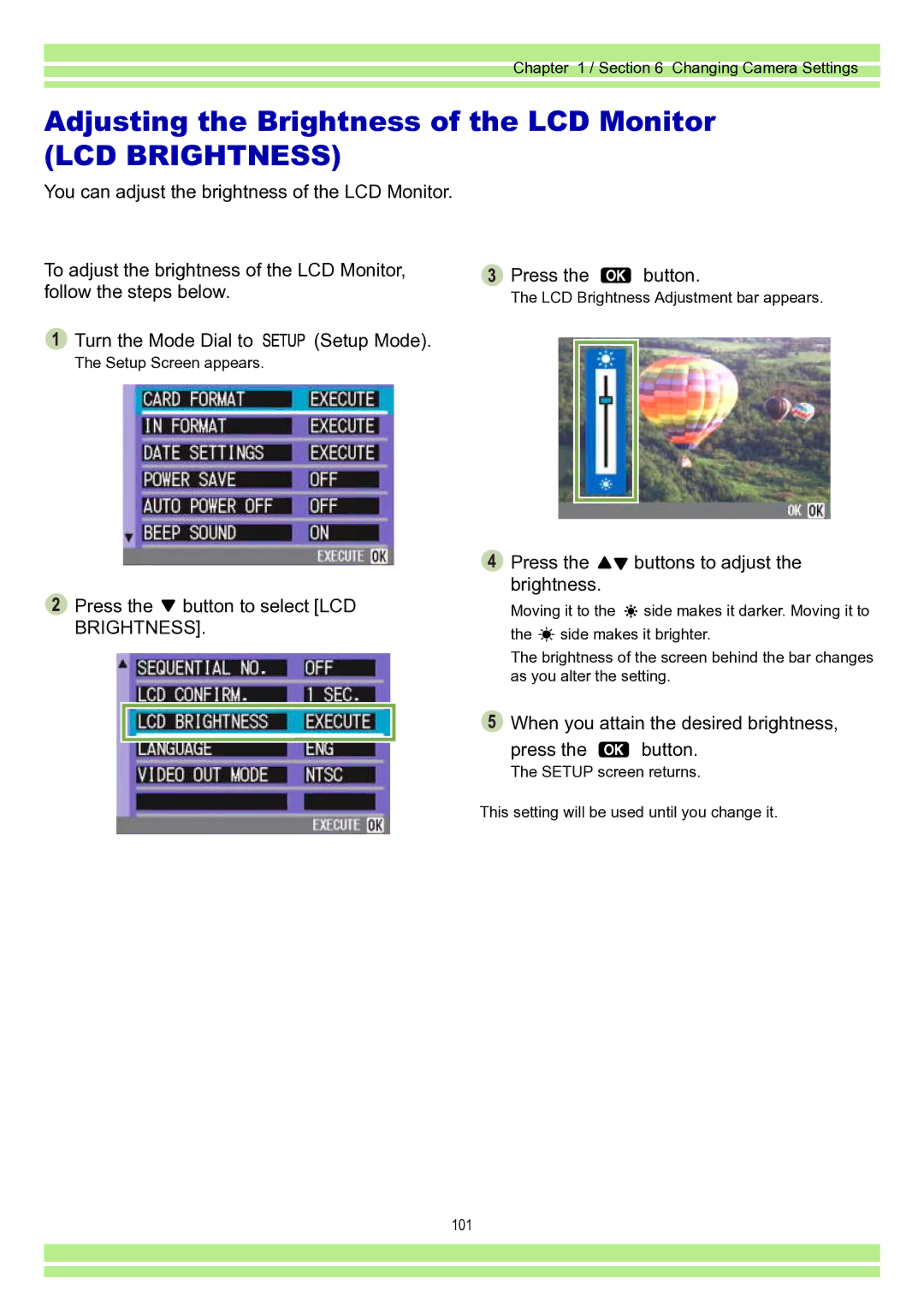 Ricoh Caplio RR30 operation manual Adjusting the Brightness of the LCD Monitor, Press the button to select LCD 