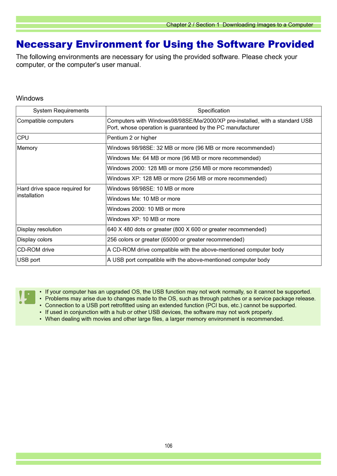 Ricoh Caplio RR30 operation manual Necessary Environment for Using the Software Provided, Windows 