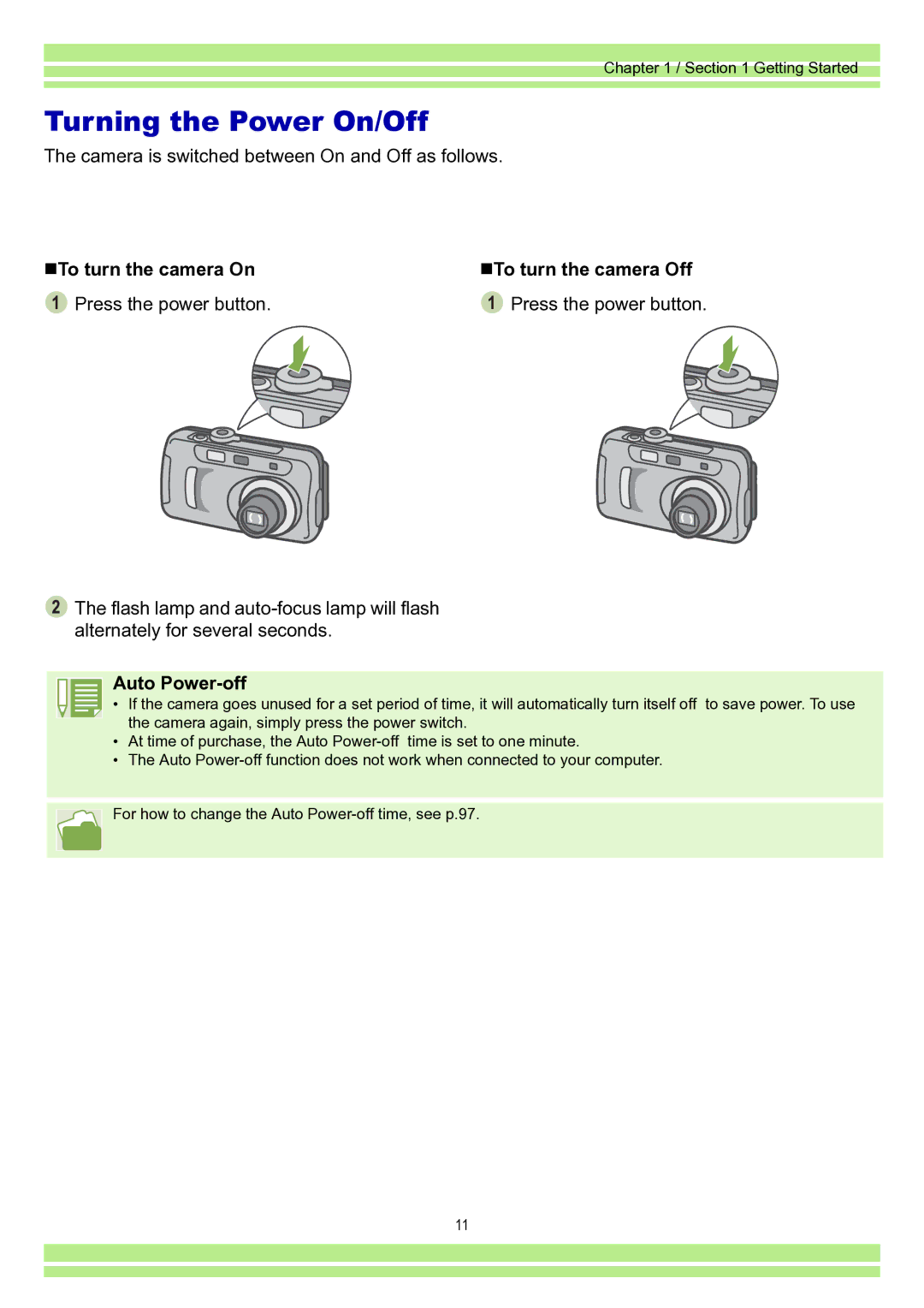 Ricoh Caplio RR30 Turning the Power On/Off, „To turn the camera On, „To turn the camera Off, Auto Power-off 