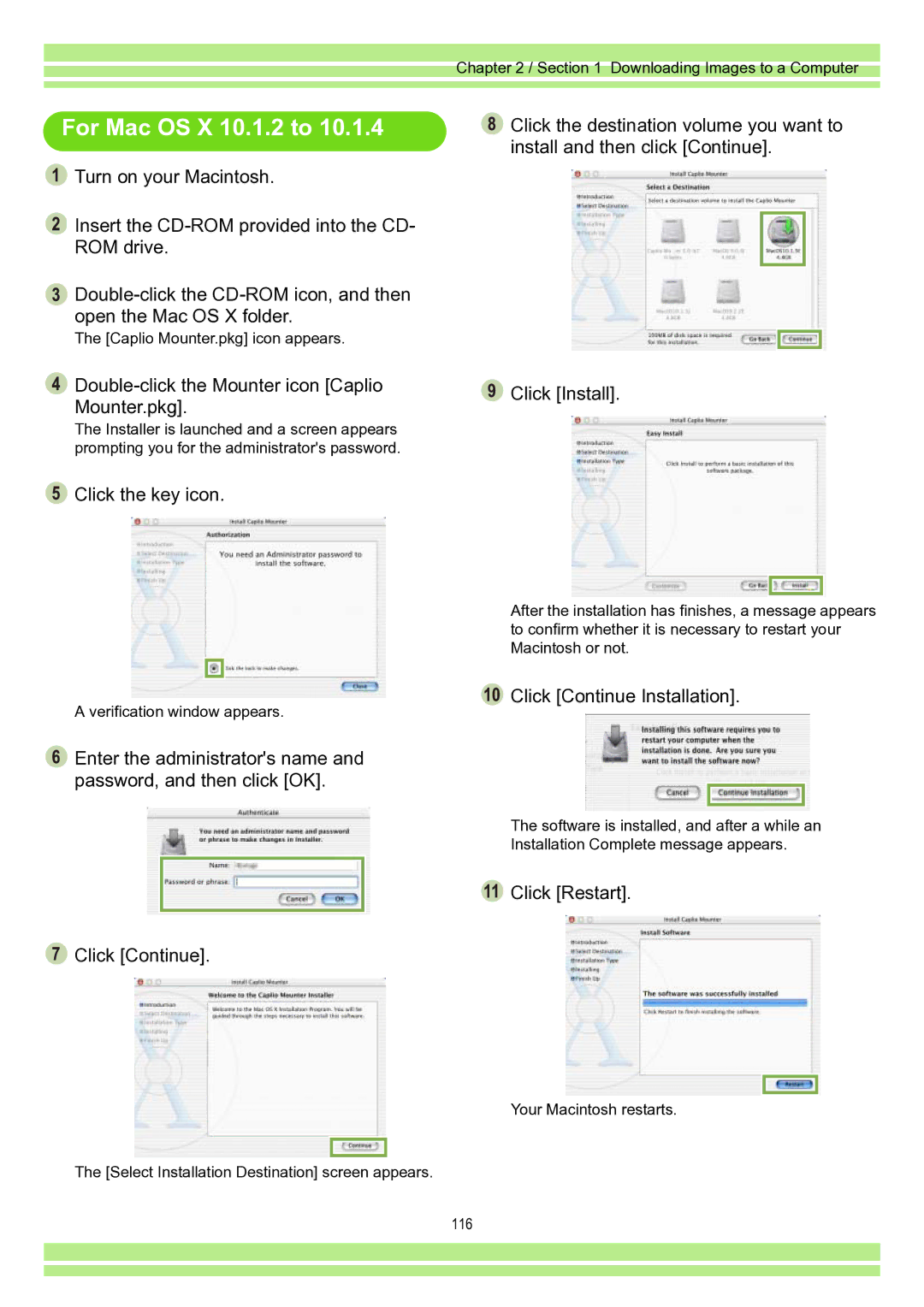 Ricoh Caplio RR30 For Mac OS X 10.1.2 to, Double-click the Mounter icon Caplio Mounter.pkg, Click the key icon 