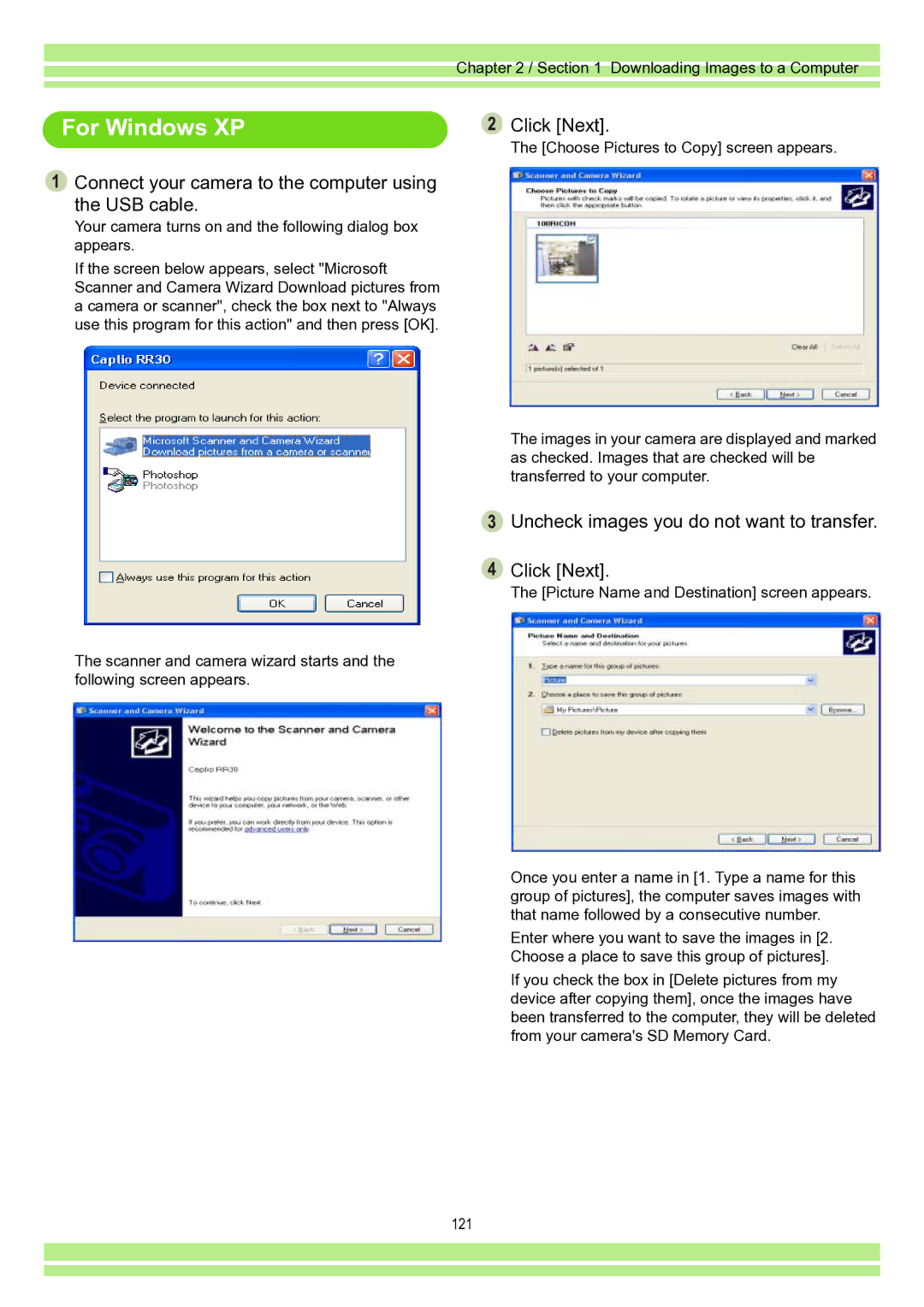 Ricoh Caplio RR30 operation manual For Windows XP, Uncheck images you do not want to transfer Click Next 