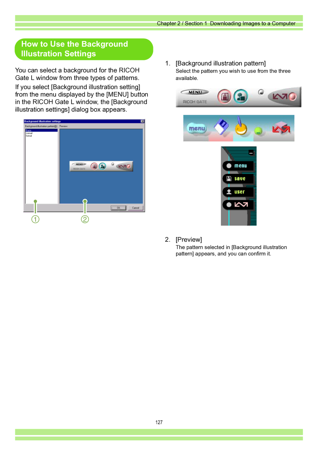 Ricoh Caplio RR30 operation manual How to Use the Background Illustration Settings, Background illustration pattern 