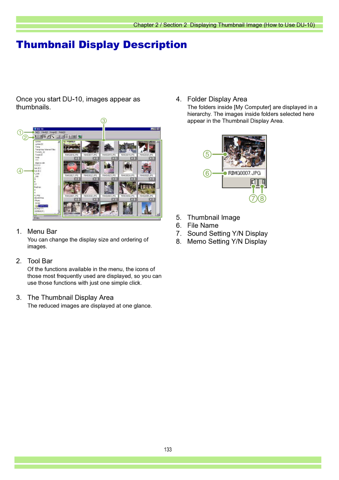 Ricoh Caplio RR30 operation manual Thumbnail Display Description, Menu Bar, Thumbnail Display Area 