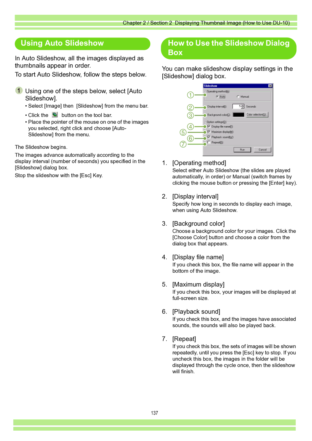 Ricoh Caplio RR30 operation manual Using Auto Slideshow, How to Use the Slideshow Dialog Box 