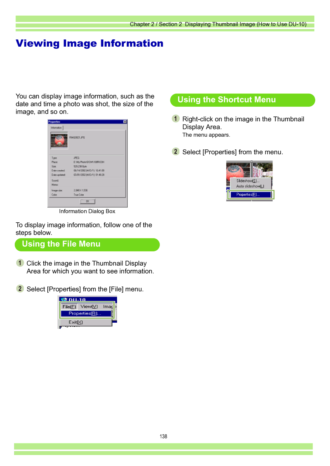 Ricoh Caplio RR30 operation manual Viewing Image Information, Using the File Menu, Using the Shortcut Menu 