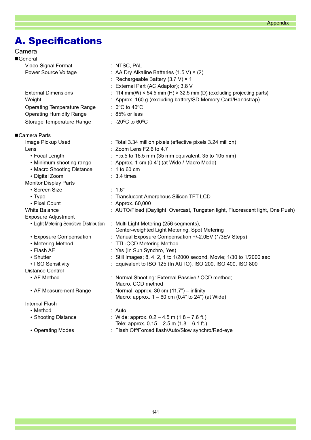 Ricoh Caplio RR30 operation manual Specifications, Camera 