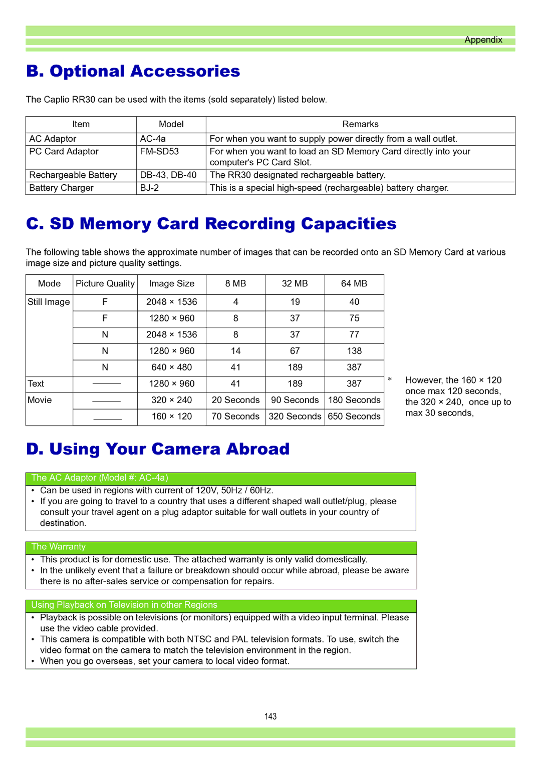 Ricoh Caplio RR30 operation manual Optional Accessories, SD Memory Card Recording Capacities, Using Your Camera Abroad 