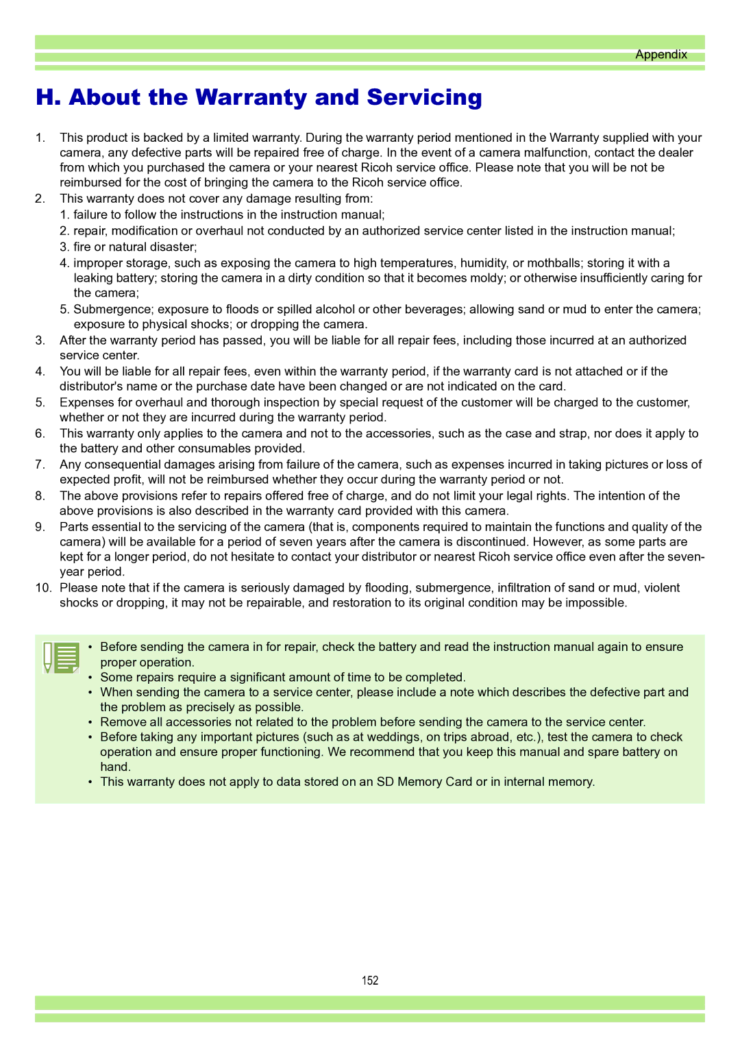 Ricoh Caplio RR30 operation manual About the Warranty and Servicing 