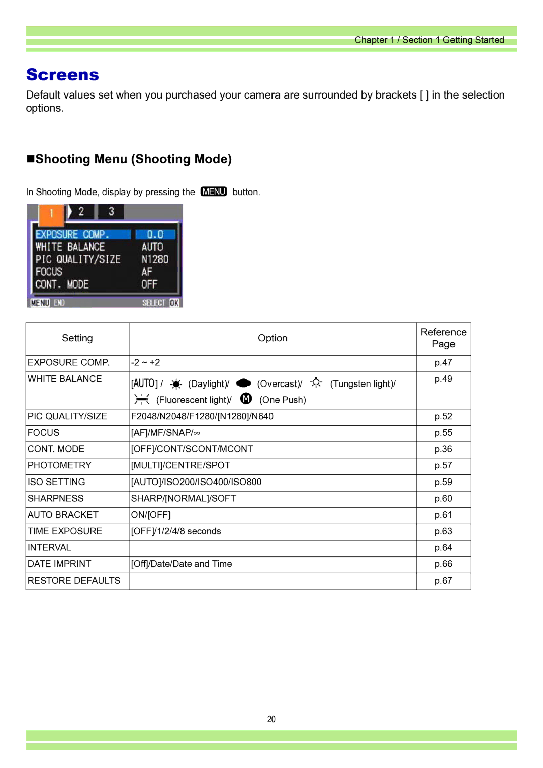 Ricoh Caplio RR30 operation manual Screens, „Shooting Menu Shooting Mode 