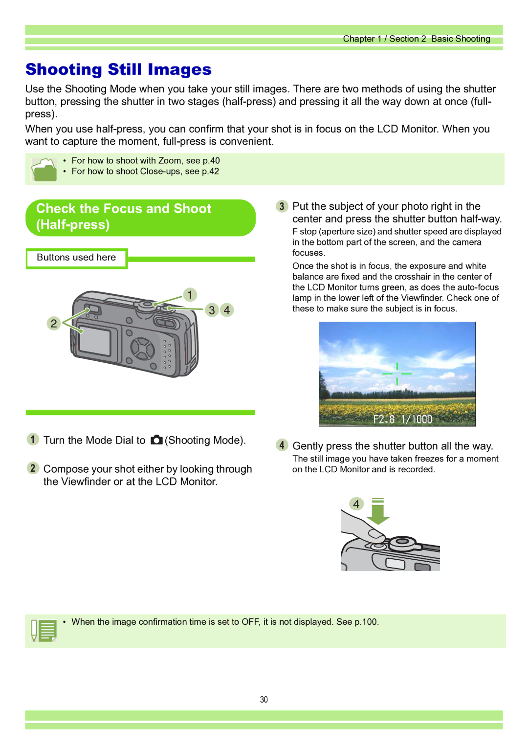 Ricoh Caplio RR30 operation manual Shooting Still Images, Check the Focus and Shoot Half-press 