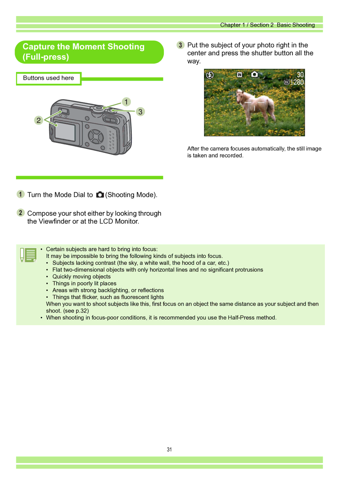 Ricoh Caplio RR30 operation manual Capture the Moment Shooting Full-press 