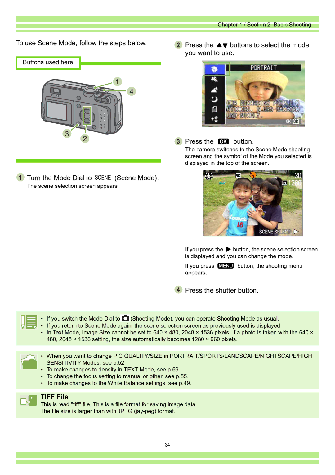 Ricoh Caplio RR30 To use Scene Mode, follow the steps below, Press the buttons to select the mode you want to use 