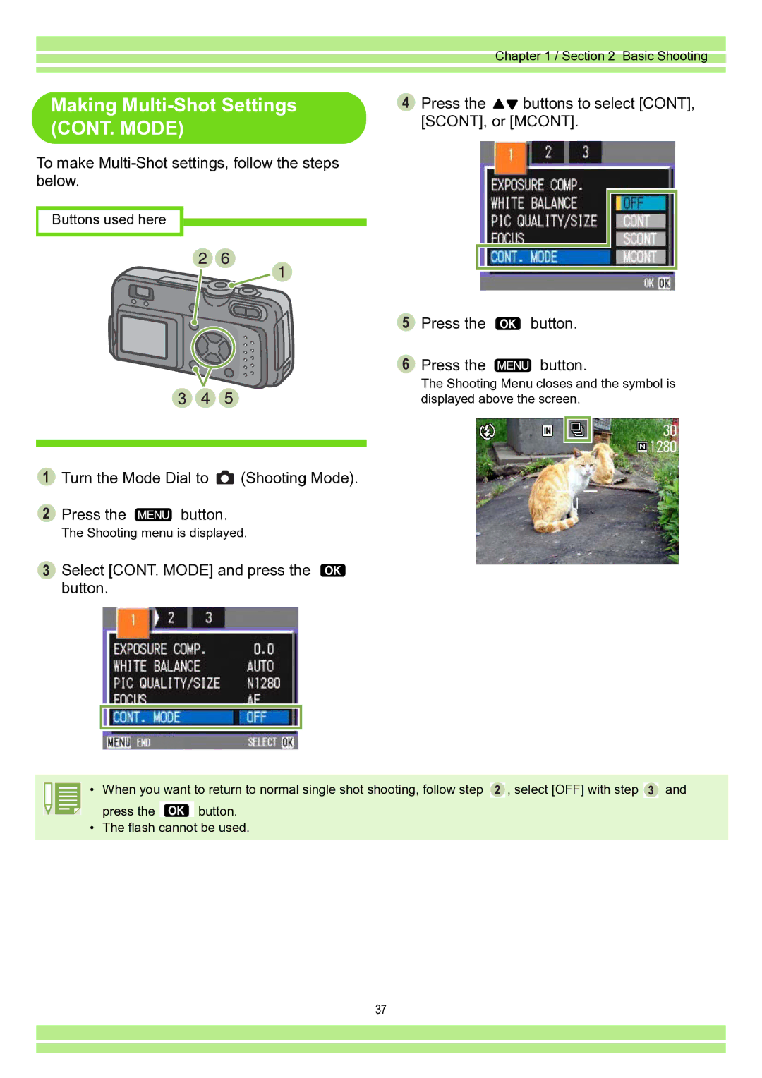 Ricoh Caplio RR30 Making Multi-Shot Settings CONT. Mode, To make Multi-Shot settings, follow the steps below 