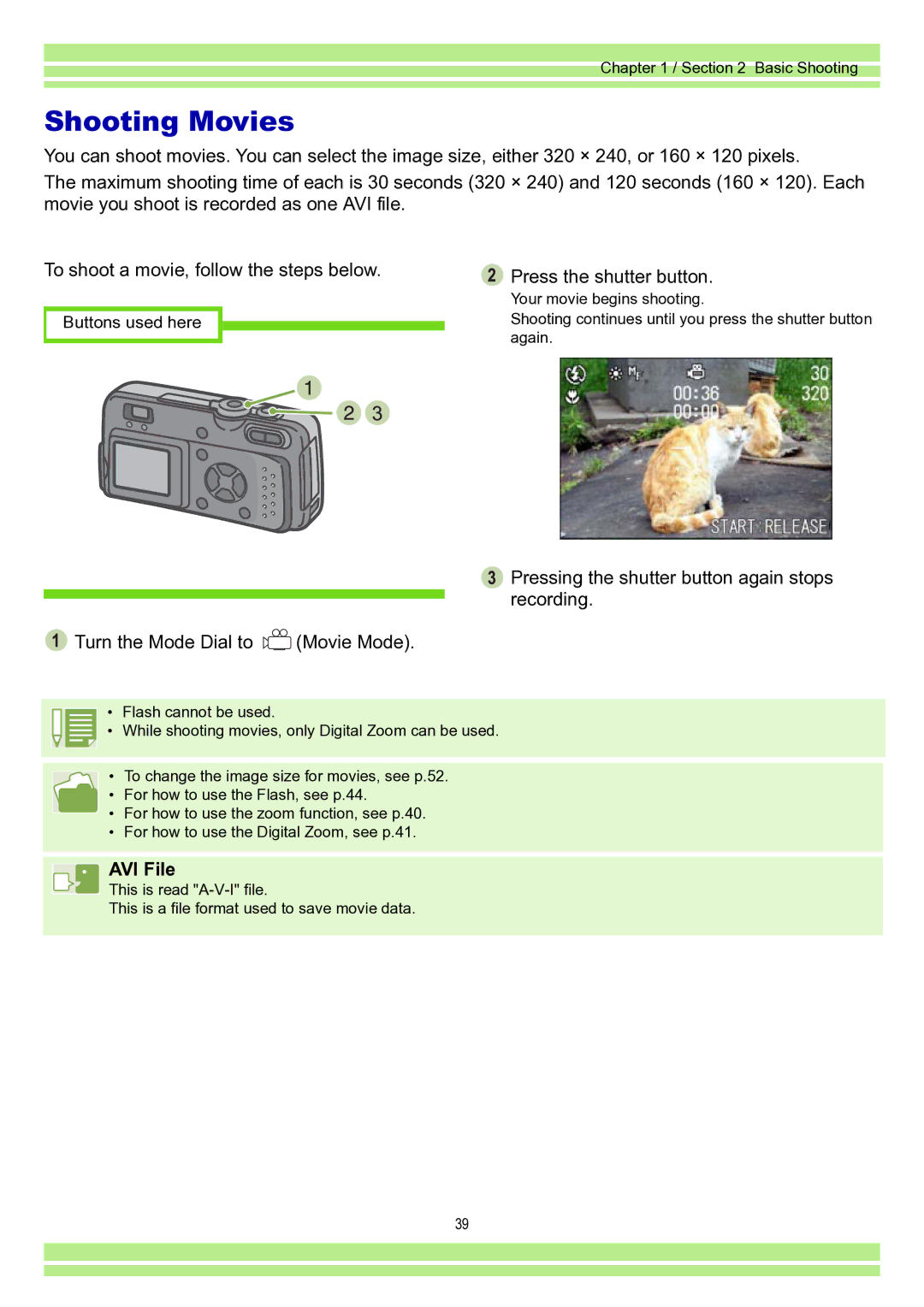 Ricoh Caplio RR30 operation manual Shooting Movies, AVI File 