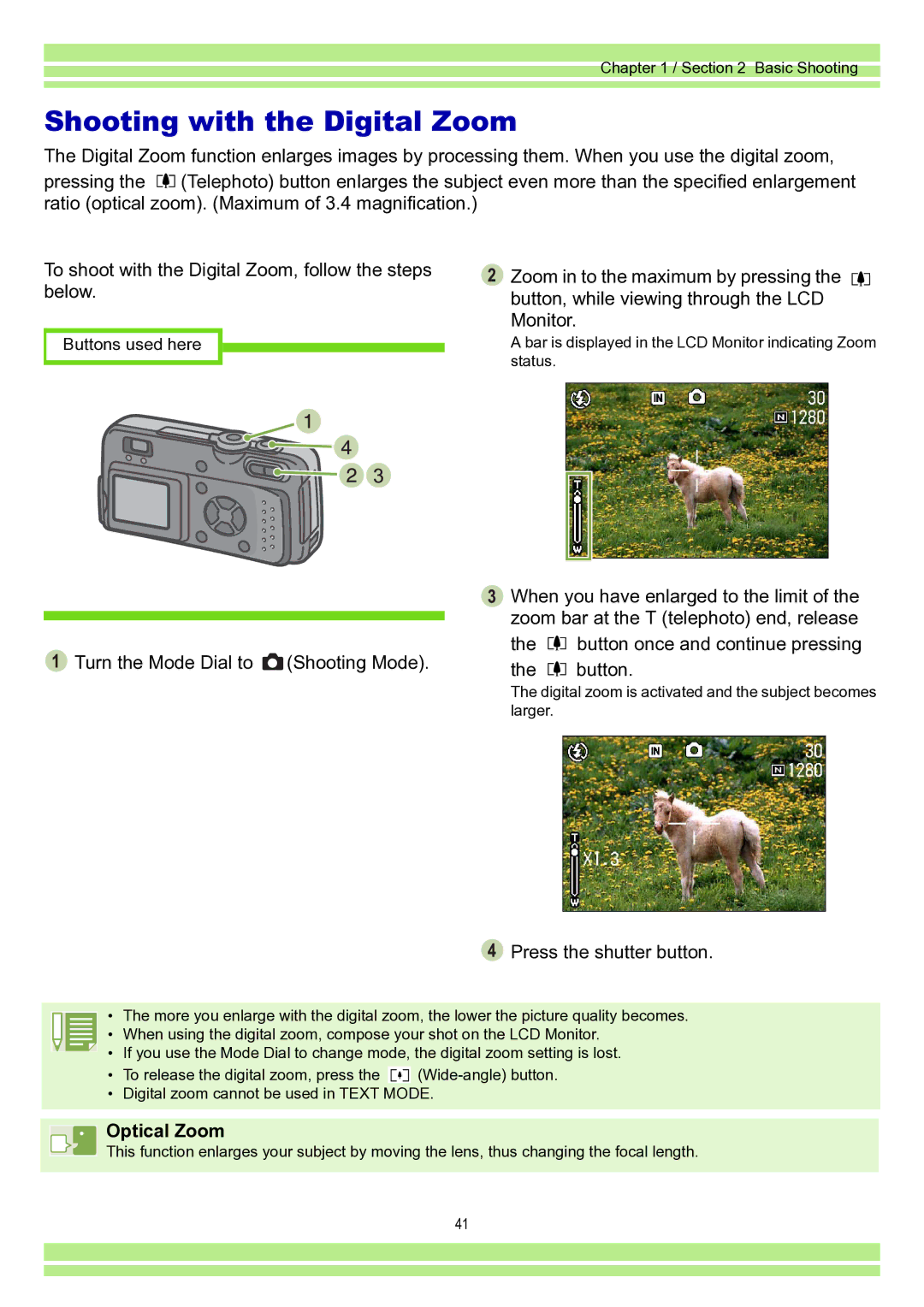 Ricoh Caplio RR30 operation manual Shooting with the Digital Zoom, Optical Zoom 