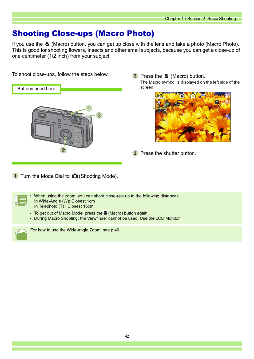 Ricoh Caplio RR30 Shooting Close-ups Macro Photo, Press the shutter button Turn the Mode Dial to Shooting Mode 