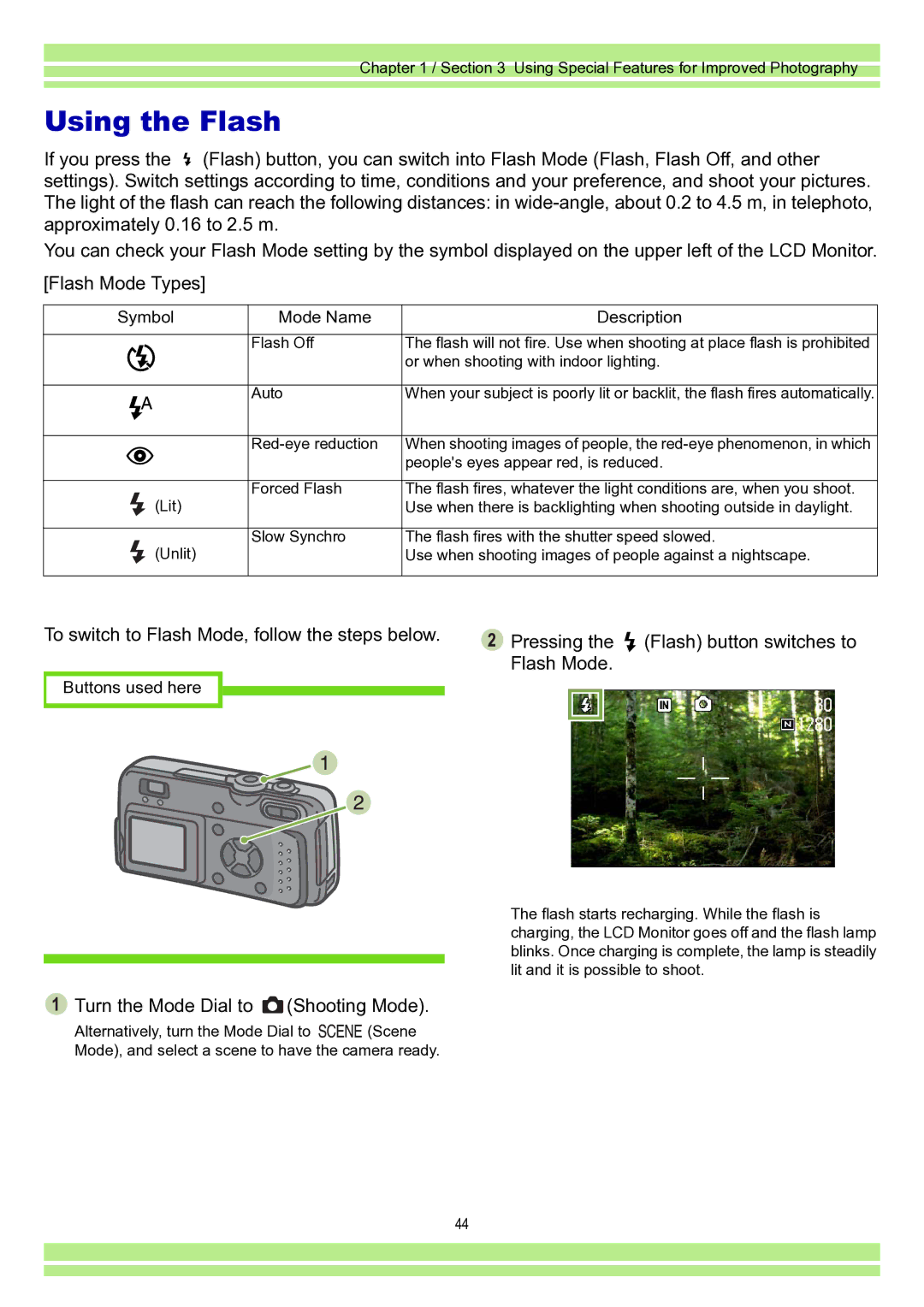 Ricoh Caplio RR30 operation manual Using the Flash, Symbol Mode Name Description 