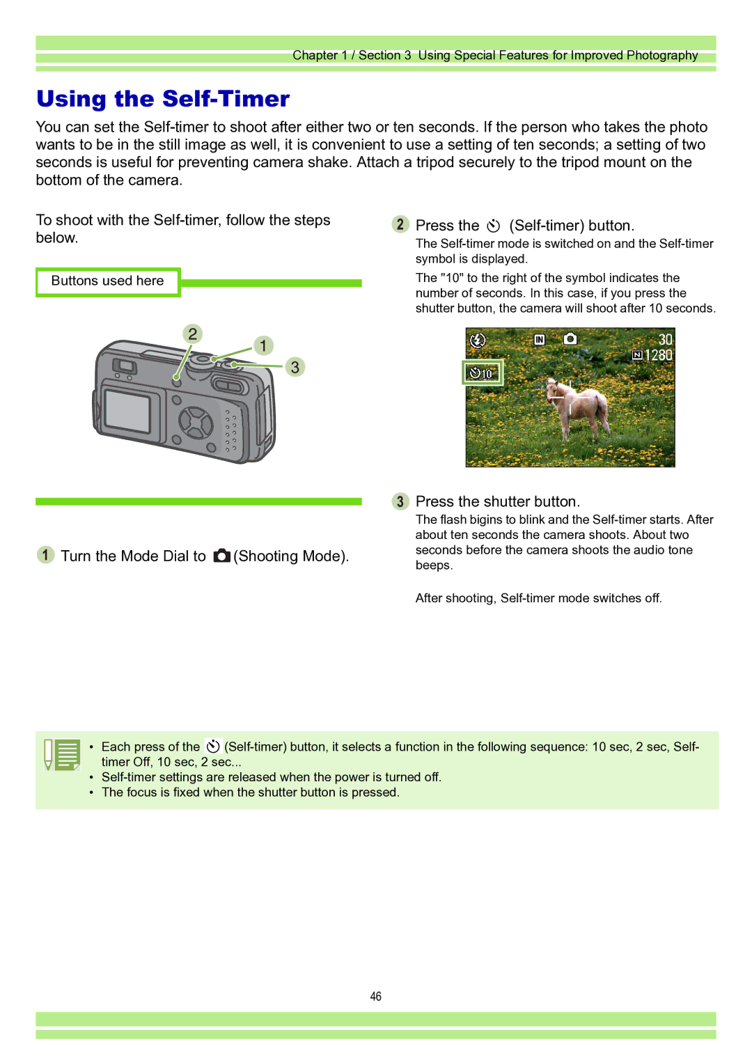 Ricoh Caplio RR30 operation manual Using the Self-Timer, Press the shutter button 