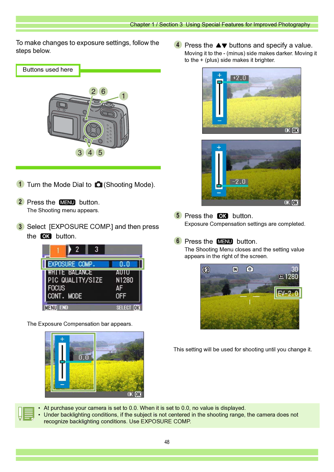 Ricoh Caplio RR30 operation manual Select Exposure COMP. and then press Button Press the button 