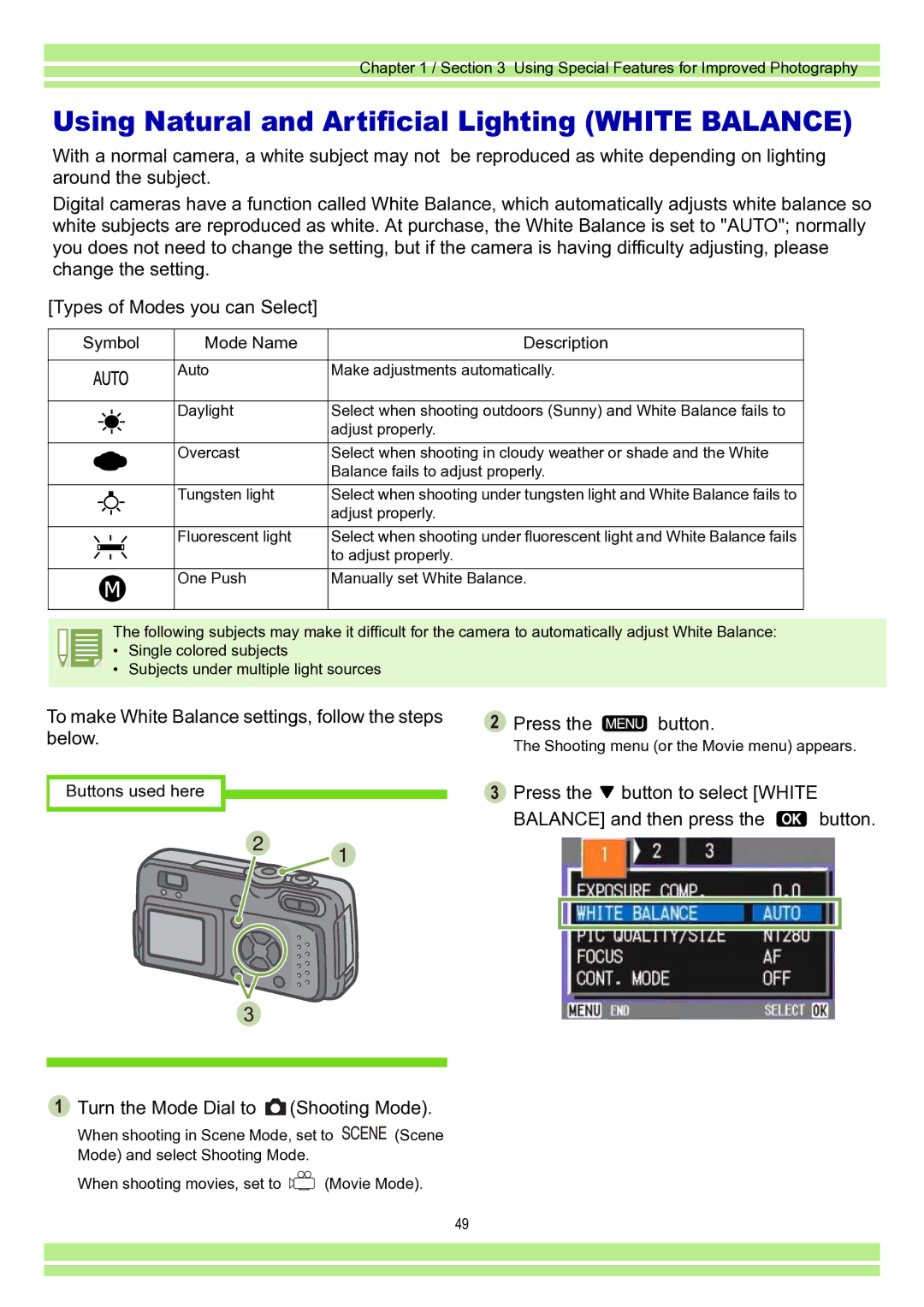 Ricoh Caplio RR30 operation manual Using Natural and Artificial Lighting White Balance 