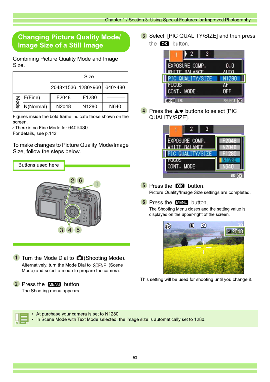 Ricoh Caplio RR30 operation manual Changing Picture Quality Mode/ Image Size of a Still Image 