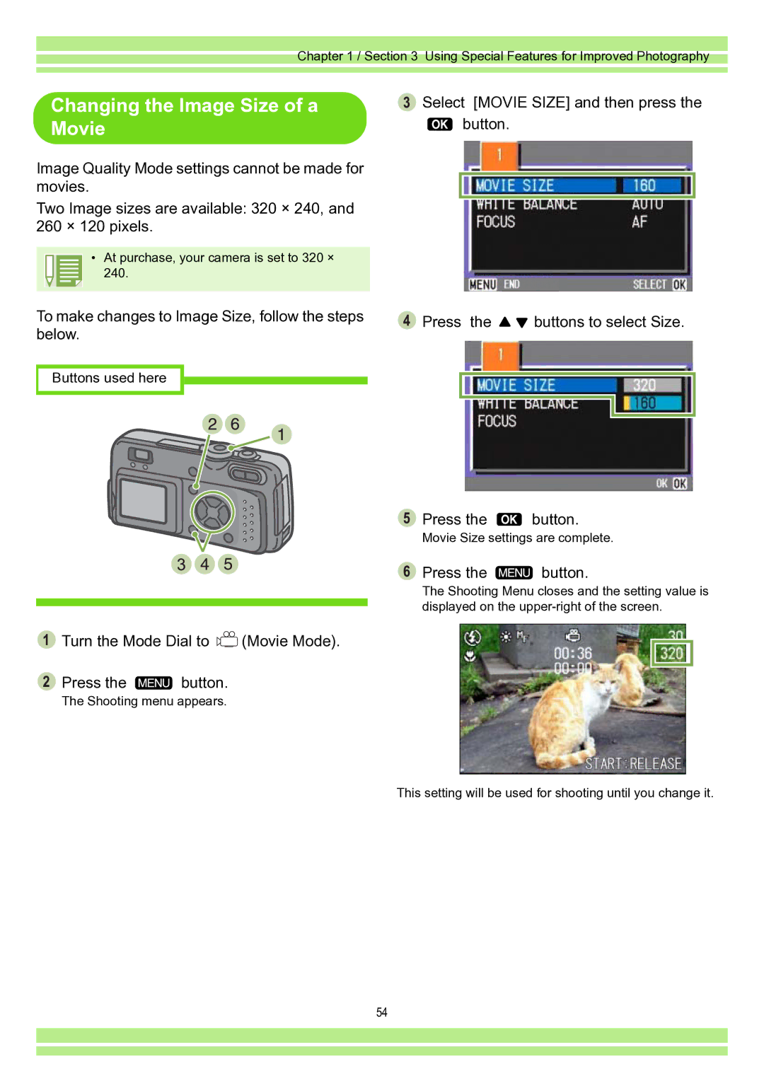 Ricoh Caplio RR30 operation manual Changing the Image Size of a Movie, Turn the Mode Dial to Movie Mode Press the button 