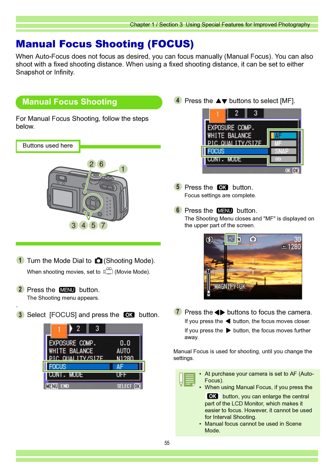 Ricoh Caplio RR30 operation manual Manual Focus Shooting Focus, For Manual Focus Shooting, follow the steps below 