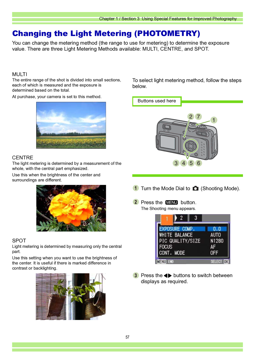 Ricoh Caplio RR30 Changing the Light Metering Photometry, To select light metering method, follow the steps below 