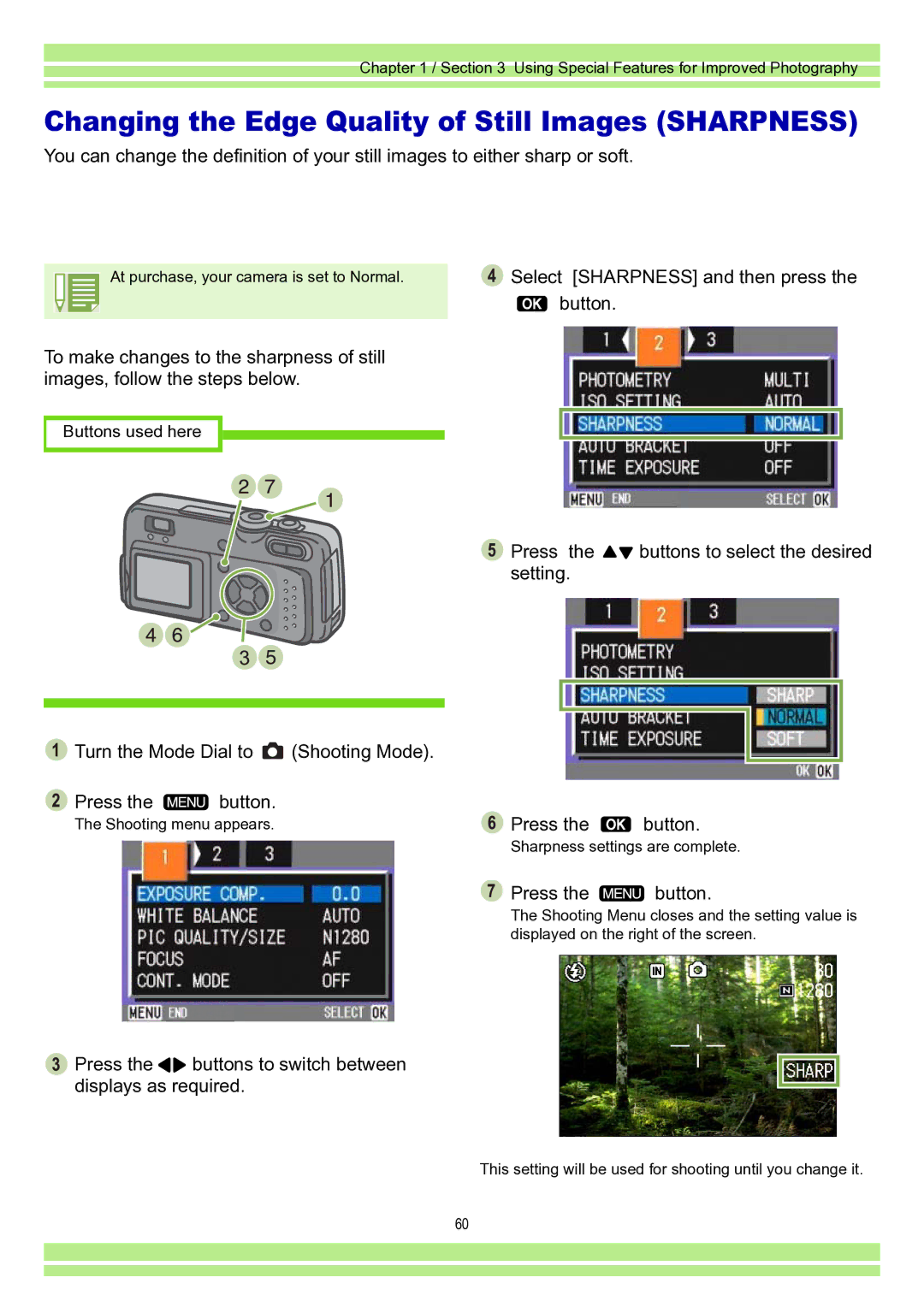 Ricoh Caplio RR30 Changing the Edge Quality of Still Images Sharpness, Select Sharpness and then press, Press Button 